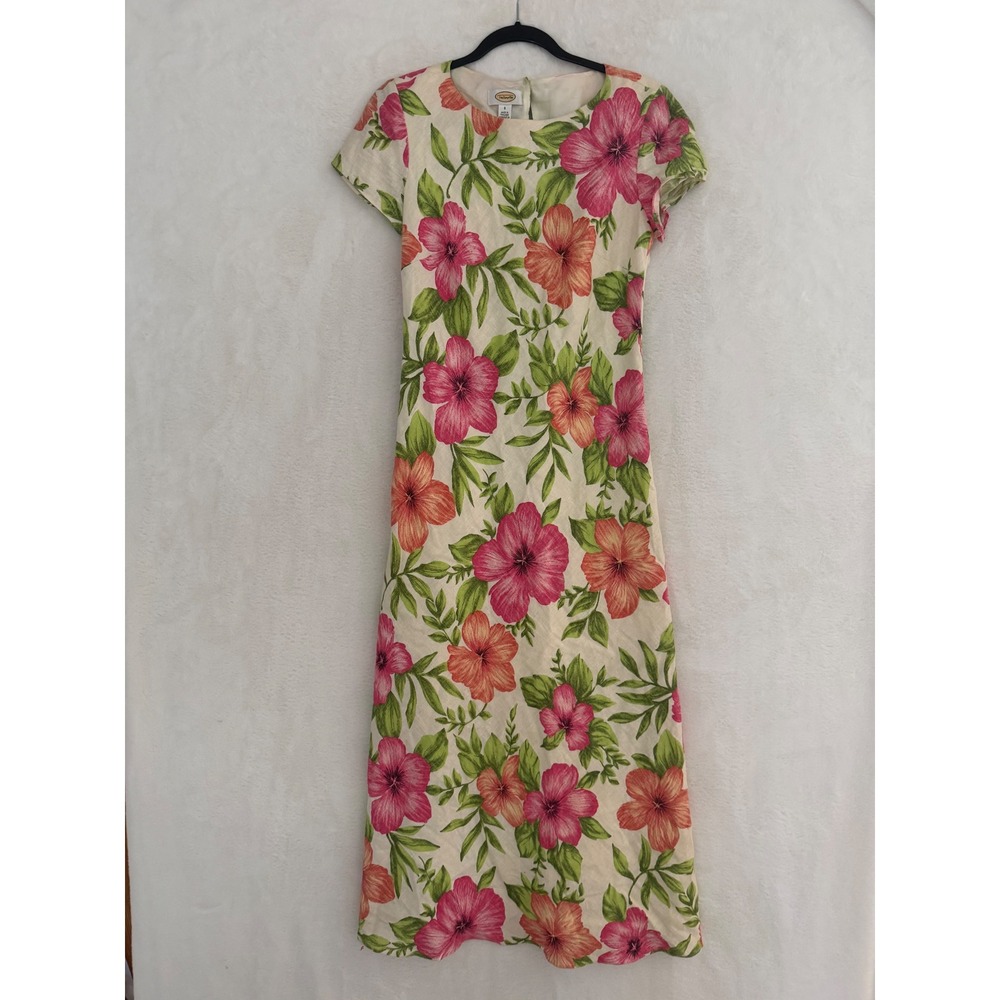 Talbots‎ Floral Maxi Dress Womens 6 Pink Orange Hibiscus Tropical Linen Blend